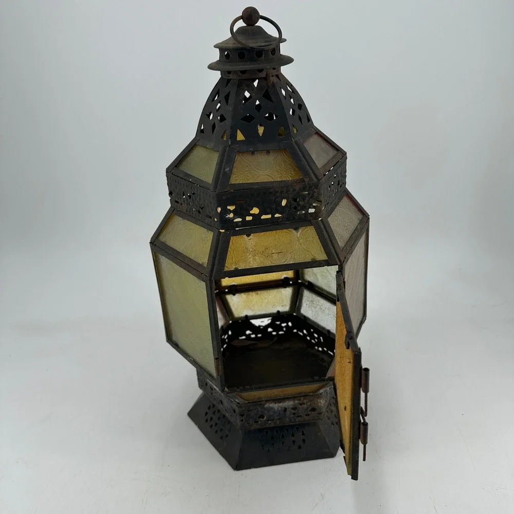 Vintage Moroccan Style Metal Glass Lantern Rusted Patina Amber Green Red Hexagon